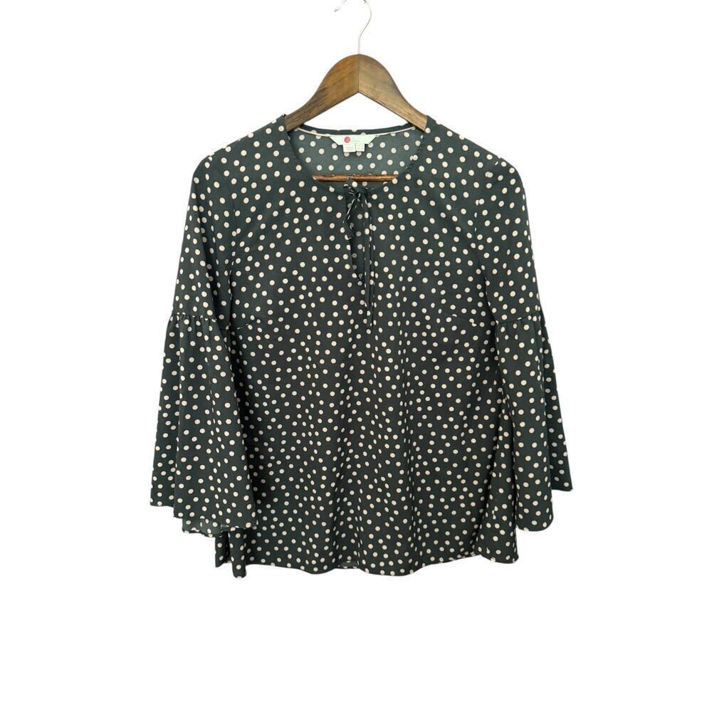 Boden Delia Top Women’s Size 8 Black Pink Polka Dot Bell‎ Sleeve Blouse